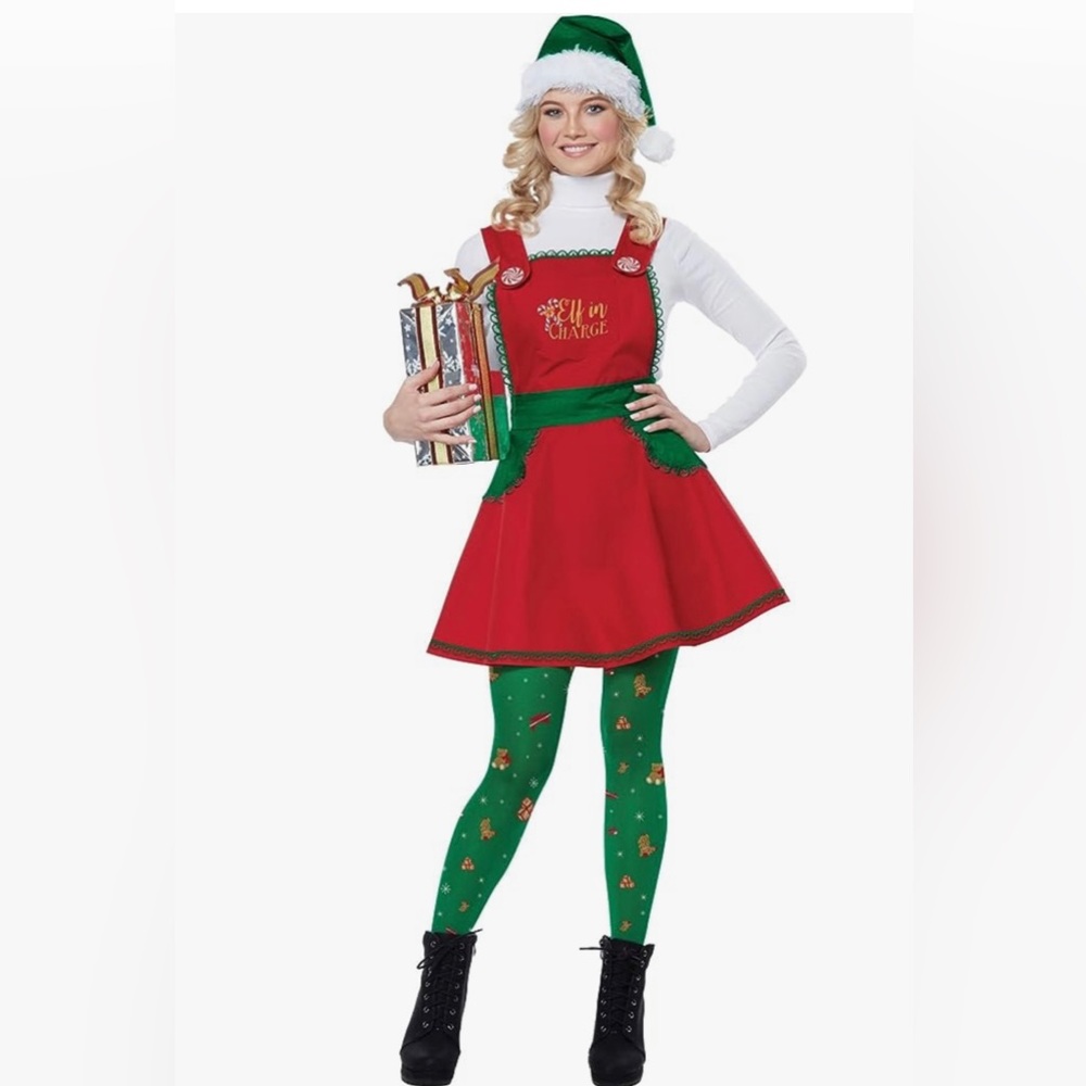 Elf in Charge Adult Costume + Gloves, Fur Cuffs/Leg Warmers, & Slippers